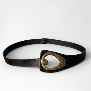 Black Leather Belt with Ornate Metal Buckle S/M